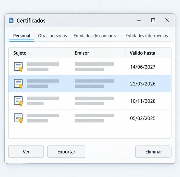 Ventana ilustrativa del almacén de certificados con certificados personales, emisores y fechas de caducidad