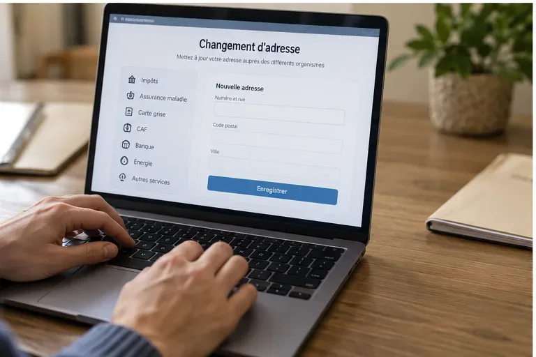 Ordinateur portable affichant un formulaire de changement d’adresse avec des catégories administratives comme impôts, assurance maladie et carte grise