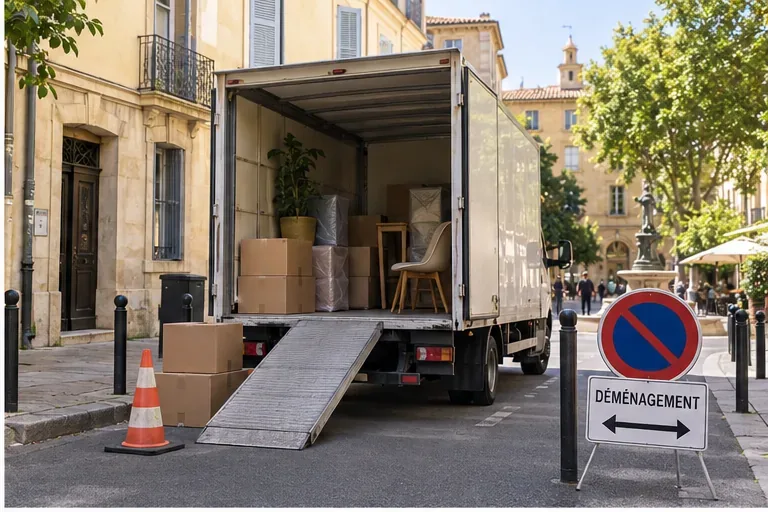 Camion de déménagement stationné dans une rue provençale avec cartons, rampe de chargement et panneau de réservation temporaire