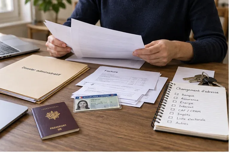 Personne préparant sur une table des documents administratifs, une pièce d’identité, des factures et une checklist de changement d’adresse