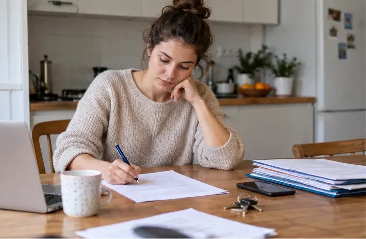 Une personne prépare son déménagement à une table avec des feuilles, un dossier, un stylo et des clés