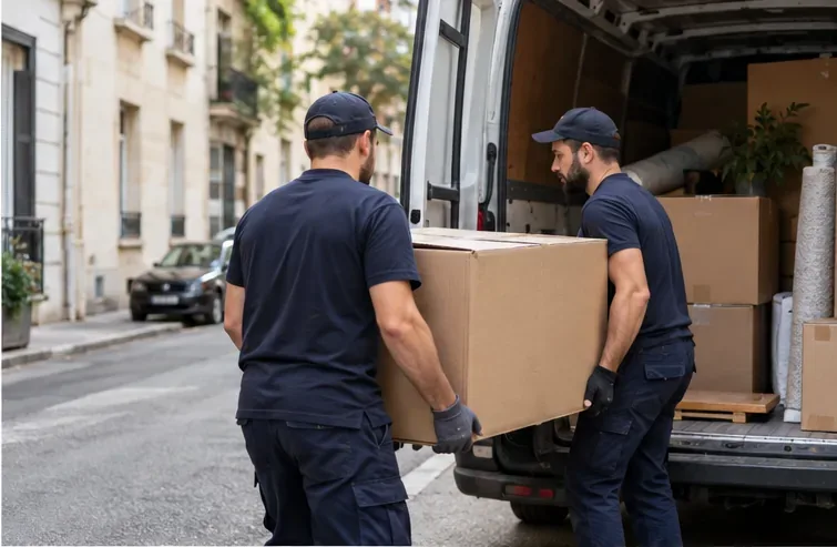 Deux déménageurs transportent un carton vers un camion devant des immeubles de ville