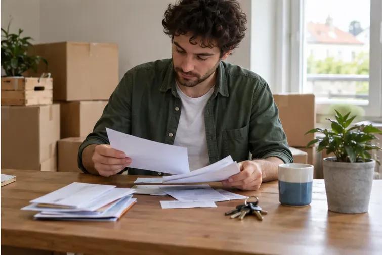 Un résident installé dans un nouvel appartement trie des courriers et des documents près de cartons encore déballés