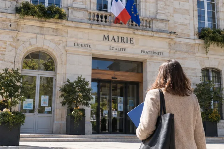 Une personne avec un dossier à la main s’approche de l’entrée d’une mairie française portant les drapeaux français et européen.