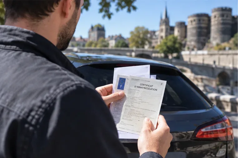 Un automobiliste tient un certificat d’immatriculation près d’une voiture stationnée, avec un paysage urbain en arrière-plan.