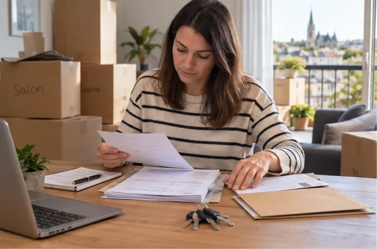 Une personne trie ses justificatifs, courriers et documents de déménagement sur une table entourée de cartons.