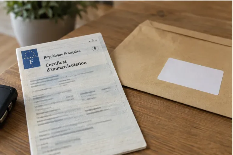 Un certificat d’immatriculation français posé à côté d’une enveloppe, prêt pour une mise à jour d’adresse