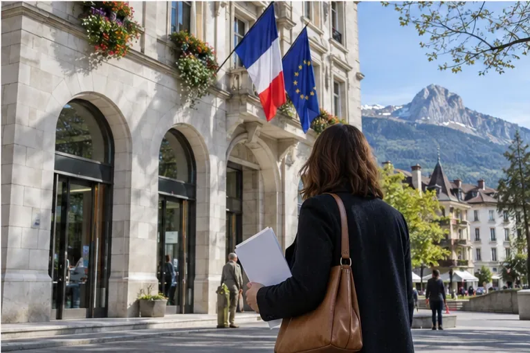 Une personne se rend devant un bâtiment municipal français avec des documents administratifs, dans un environnement alpin