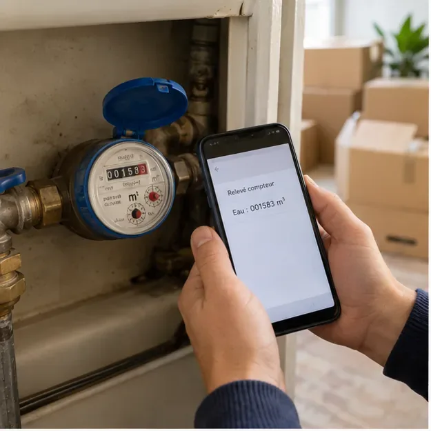 Une personne photographie l’index d’un compteur d’eau avec son téléphone au moment d’un emménagement