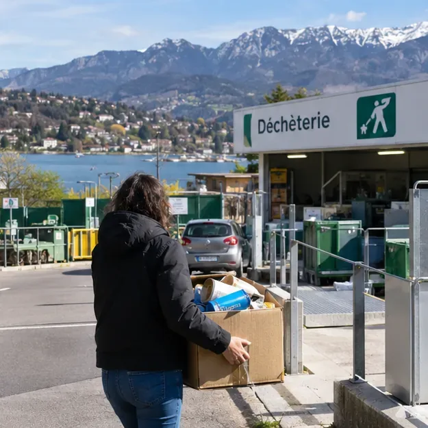 Une habitante apporte un carton de déchets triés à une déchèterie dans un environnement de lac et de montagnes