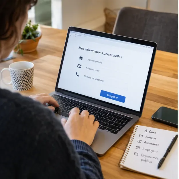 Une personne met à jour ses coordonnées personnelles en ligne avec une checklist mentionnant banque, assurance, employeur et organismes publics