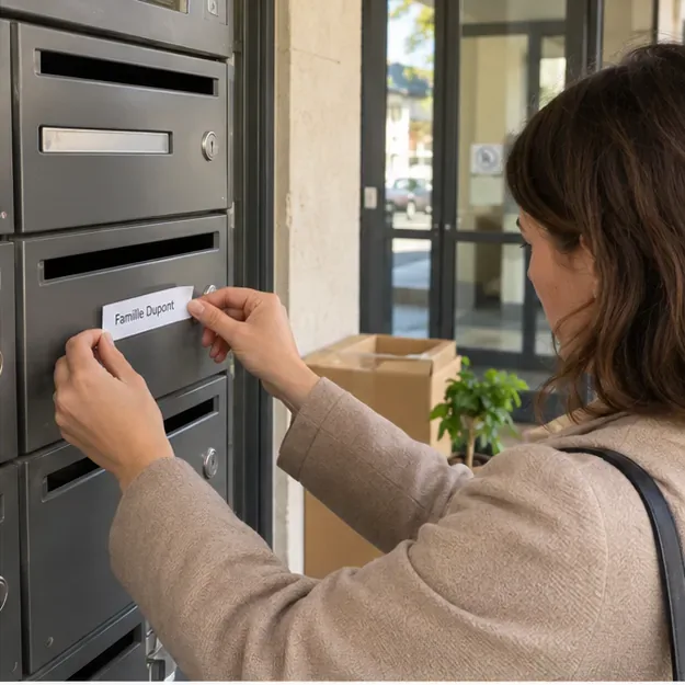 Une nouvelle résidente appose son nom sur une boîte aux lettres après son emménagement