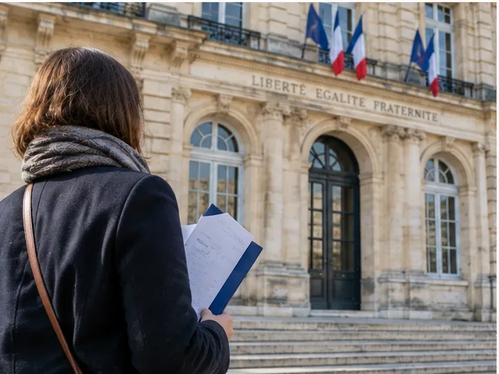 Une personne tenant des documents administratifs devant un bâtiment public français.