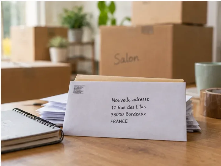 Une enveloppe portant un exemple de nouvelle adresse à Bordeaux, posée devant des cartons.