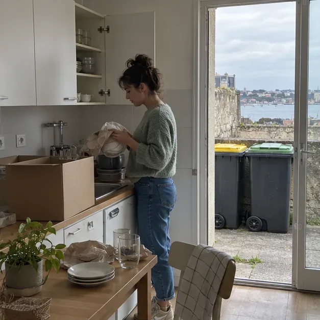 Des bacs de collecte restent près de l’entrée d’un logement, à côté de cartons prêts à partir.