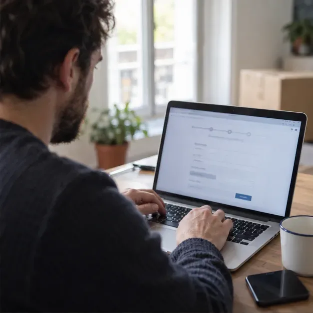 Une personne utilise un ordinateur portable pour préparer une déclaration de changement d’adresse en ligne.