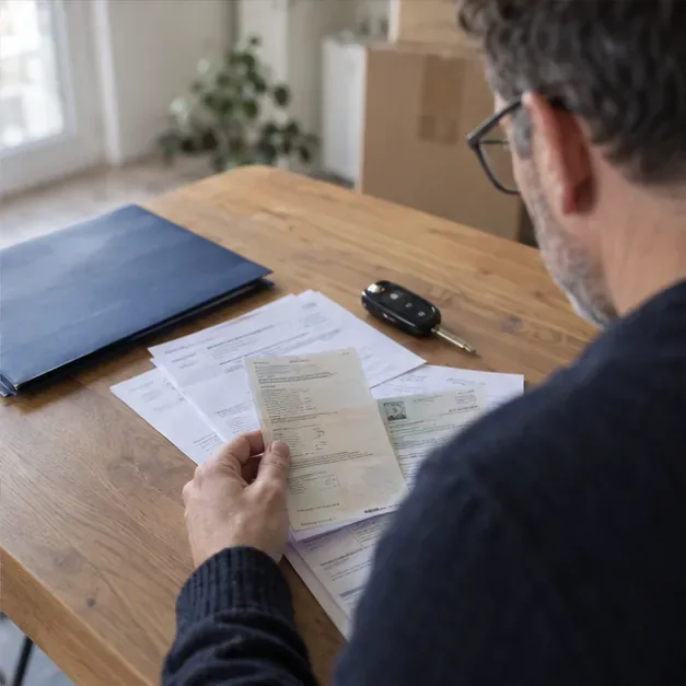 Une personne vérifie des papiers de véhicule et des clés avant de mettre à jour son adresse.