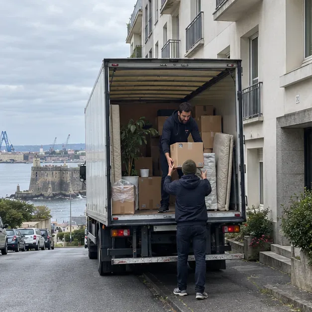 Un camion de déménagement est chargé devant des immeubles de Brest, près du port.