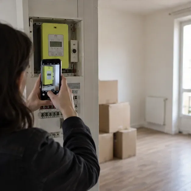 Une personne photographie un tableau électrique dans un logement vide avant la remise des clés.