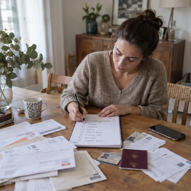 Une personne note les tâches du déménagement devant des papiers et un carnet.