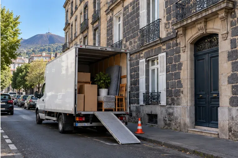 Un camion de déménagement stationné au bord d’une rue de Clermont-Ferrand devant un immeuble en pierre volcanique.