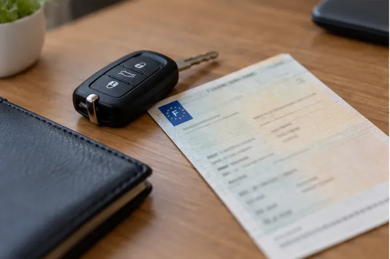 Des clés de voiture à côté d’un certificat d’immatriculation français dont les informations sont illisibles.