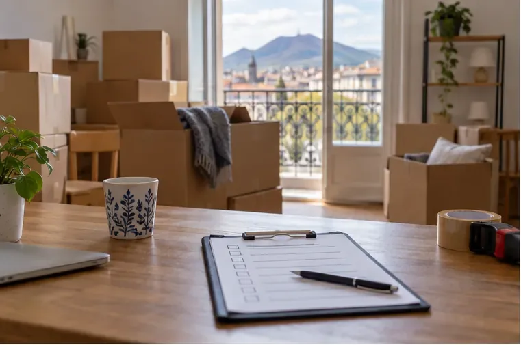Cartons de déménagement et liste de contrôle posés dans un appartement lumineux avant le départ.