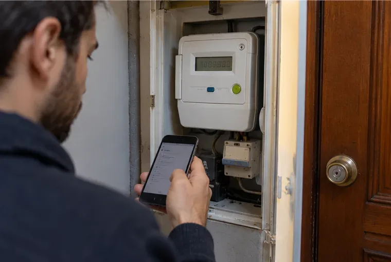 Une personne relève un compteur électrique à l’entrée d’un logement