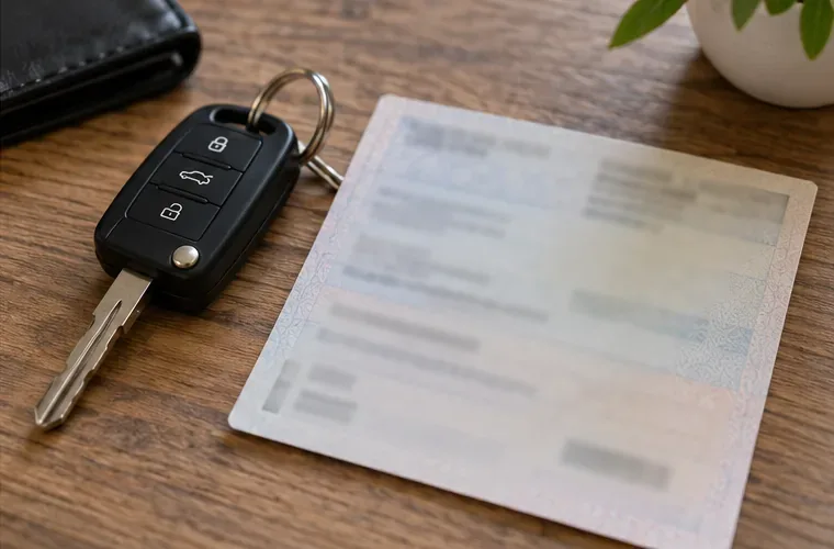 Une clé de voiture posée près d’un document de véhicule sur une table