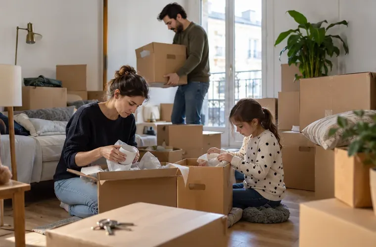 Une famille range des affaires dans des cartons dans un appartement