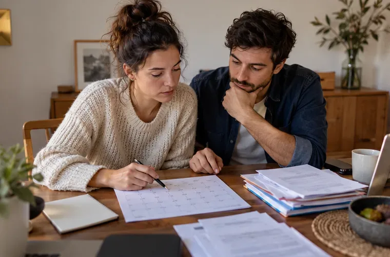 Un couple examine un calendrier et des papiers de déménagement autour d’une table