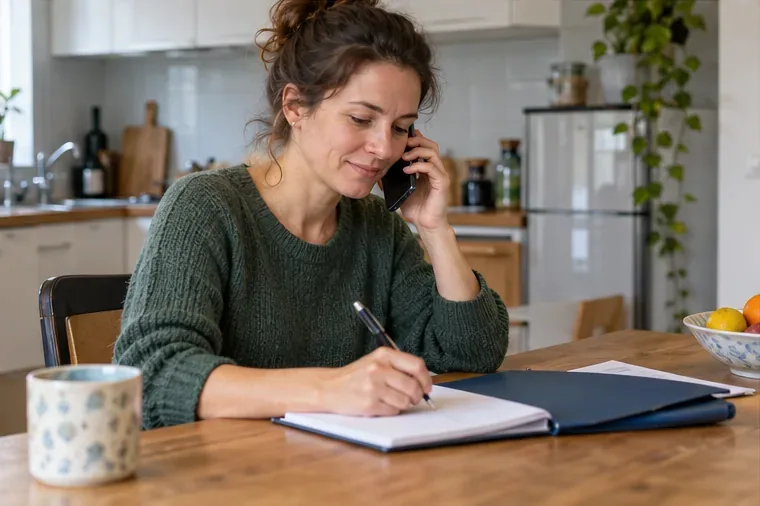 Une femme téléphone en prenant des notes à une table