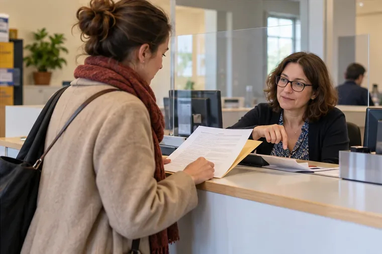 Une habitante présente un document à une agente d’accueil derrière un comptoir municipal