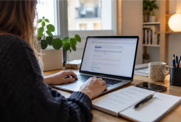 Une personne utilise un ordinateur portable pour effectuer une démarche administrative à domicile