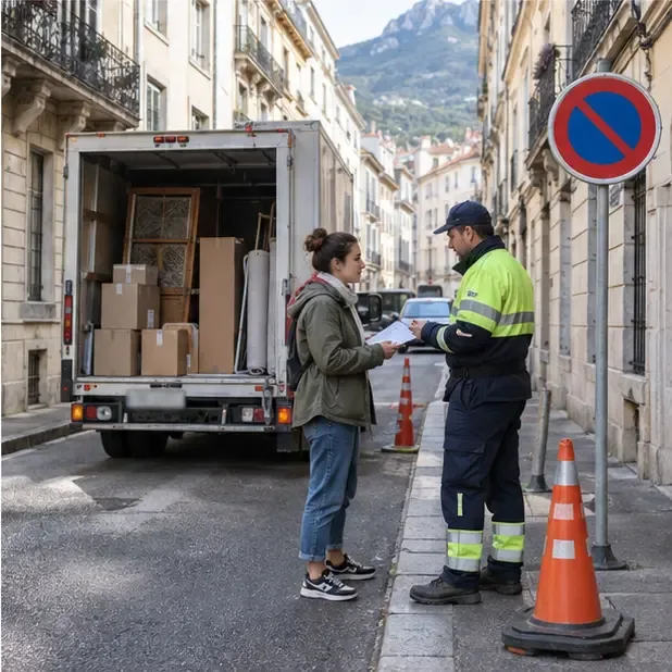 Un camion de déménagement est stationné dans une rue urbaine tandis qu’une habitante échange avec un agent municipal