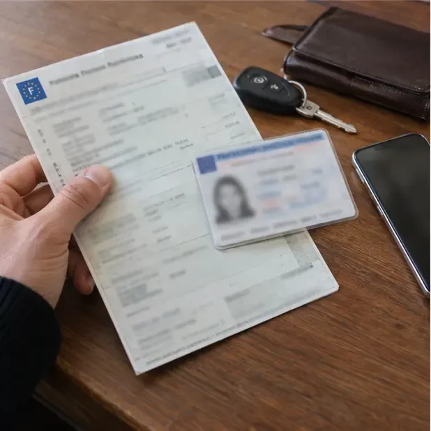 Un certificat d’immatriculation et une pièce d’identité sont posés près des clés d’une voiture et d’un téléphone