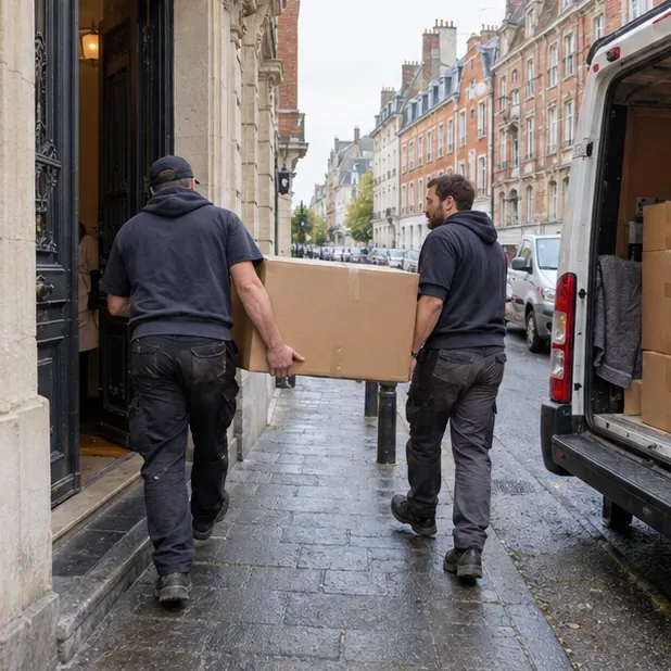 Deux déménageurs portent un carton vers un camion de déménagement dans une rue bordée d’immeubles à Lille