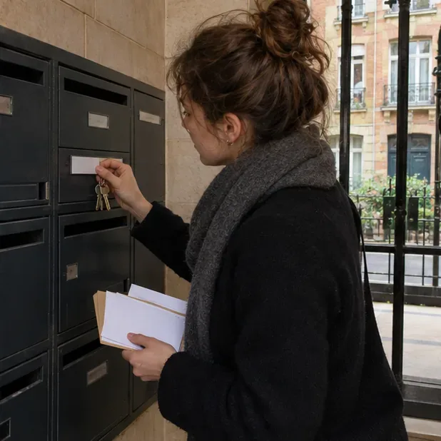 Une habitante place une étiquette de nom sur une boîte aux lettres dans l’entrée de son nouvel immeuble