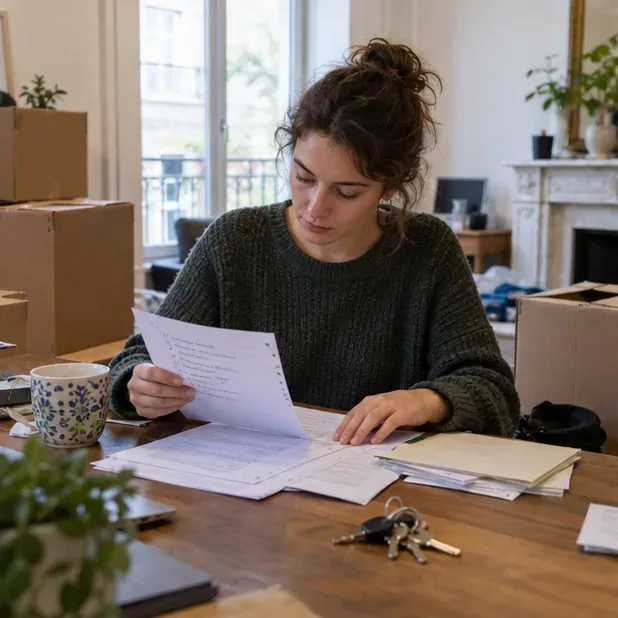 Une habitante de Lille consulte des documents et une liste de déménagement à côté de cartons