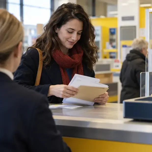 Une personne prépare une enveloppe et des documents au guichet d'un bureau de poste pour sécuriser le suivi du courrier