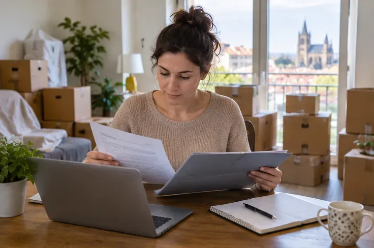 Personne installée parmi des cartons de déménagement, triant des documents administratifs devant un ordinateur portable