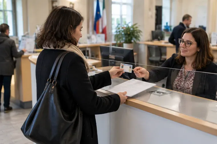 Habitante présentant une pièce d’identité et un dossier à un guichet administratif municipal