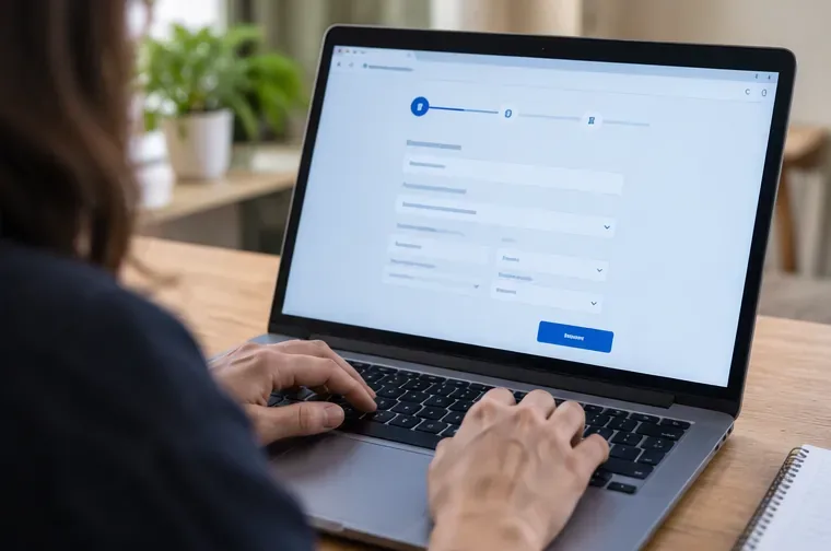Personne remplissant un formulaire administratif en ligne sur un ordinateur portable