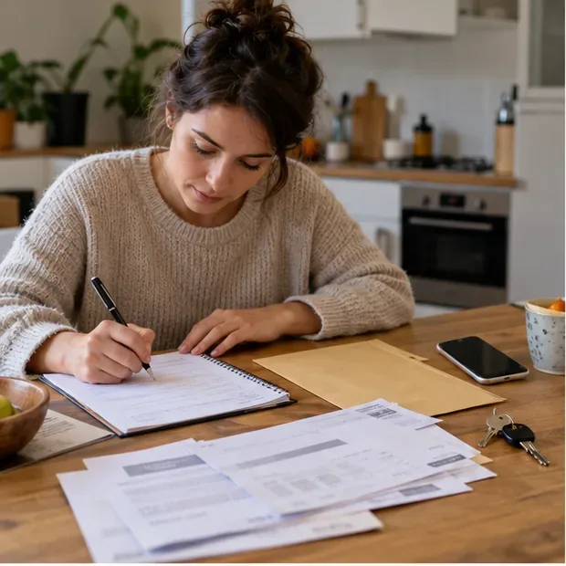 Une personne prépare une liste de déménagement et rassemble des papiers, des clés et un téléphone sur une table