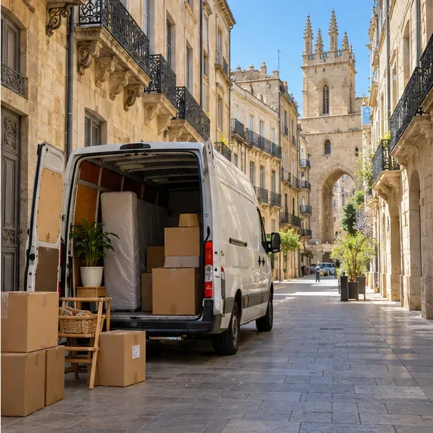 Un camion de déménagement chargé de cartons est garé dans une rue ancienne de Montpellier