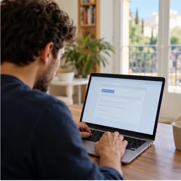 Une personne utilise un ordinateur portable à son domicile pour effectuer une démarche de changement d’adresse en ligne