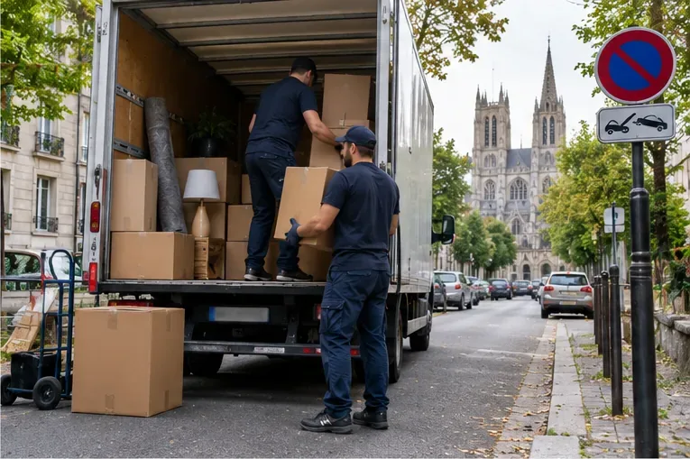 Deux déménageurs chargent des cartons dans un camion stationné dans une rue urbaine avec un panneau d’interdiction de stationner