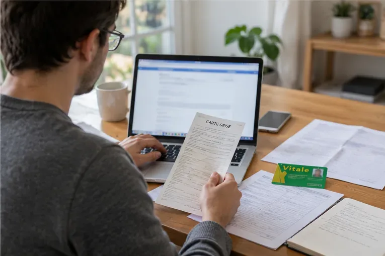 Un homme consulte des documents de changement d’adresse devant un ordinateur avec une carte grise et une carte Vitale visibles