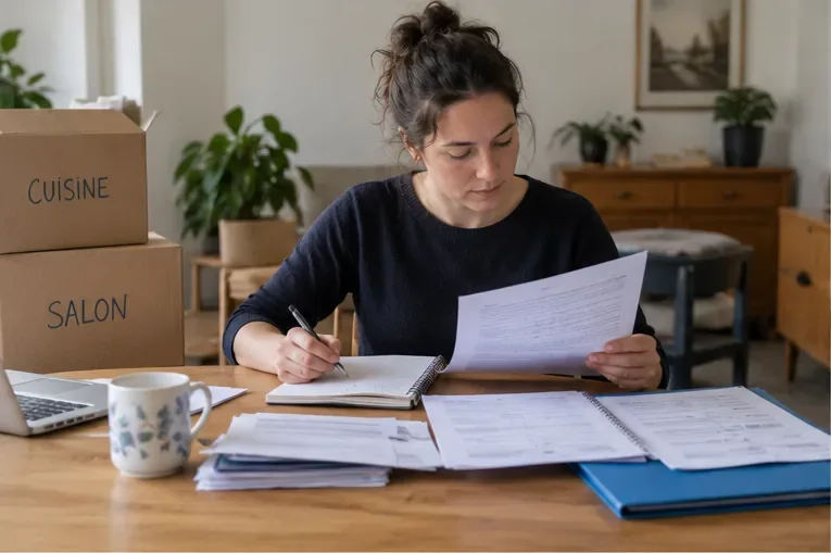 Une personne prépare des documents de déménagement devant des cartons étiquetés cuisine et salon