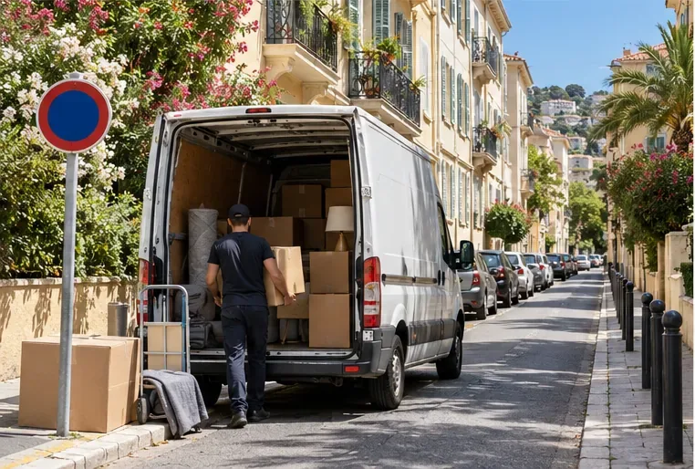 Un camion de déménagement ouvert est garé dans une rue résidentielle aux façades méditerranéennes.